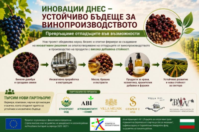 НОВ ПРОЕКТ НА АГРОБИОИНСТИТУТ ЩЕ ПРЕВРЪЩА ОТПАДЪЦИТЕ ОТ ВИНОПРОИЗВОДСТВОТО В ПРОДУКТИ С ВИСОКА ДОБАВЕНА СТОЙНОСТ